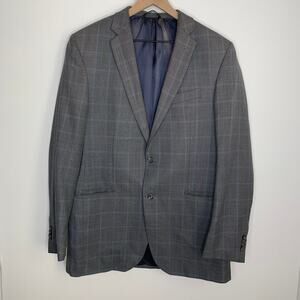 Barneys New York Loro Piana Plaid Grey Blue Wool Mens Blazer Size 40